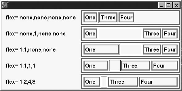 Image: Variations of <spacer> and flex values in a box.